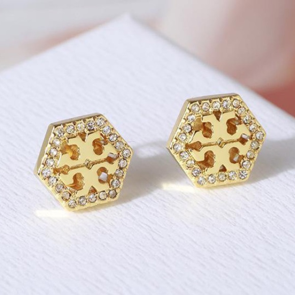 Tory Burch Gold Hexagon Crystal Stud Earrings